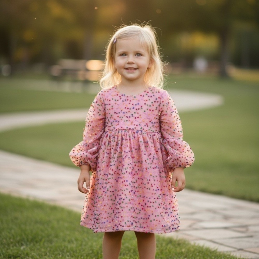 Bonnie Jean Girls Dress Sz 6 Pink Confetti Dot Fit & Flare Party Knee 3D texture